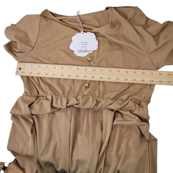 Women Ribbed 3 Front Button Short Sleeve Mini Dress Khaki Size Large - Picture 7 of 8